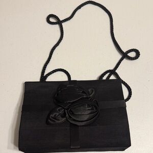 Liz Claiborne Black Satin Floral Evening Clutch with Rope Strap